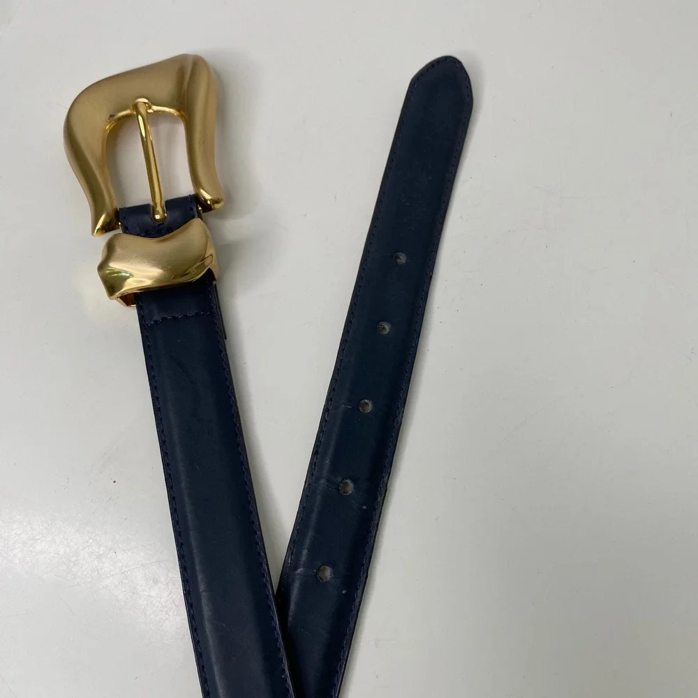 Captiva Navy Blue Genuine Leather‎ Belt Gold Sculptural Buckle Womens Small VTG?